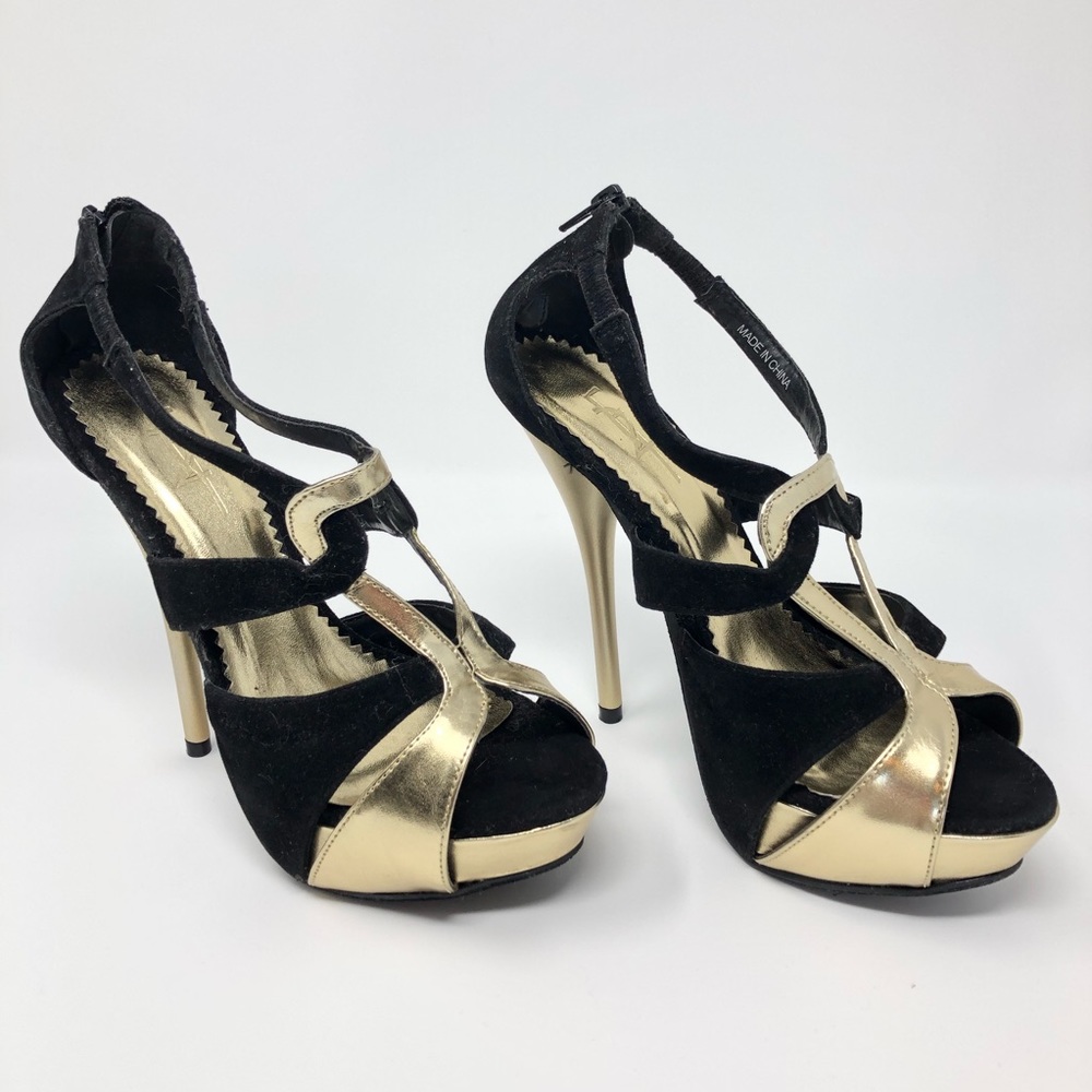 F24 suede heels black & gold size 6